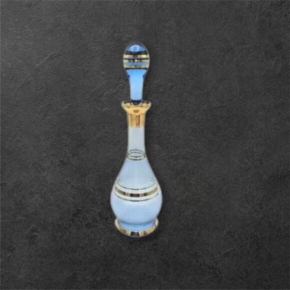 Vintage Bohemia Decanter Set with 6 Glasses Frosted Blue with Gold Gilt Trim - Picture 2 of 14